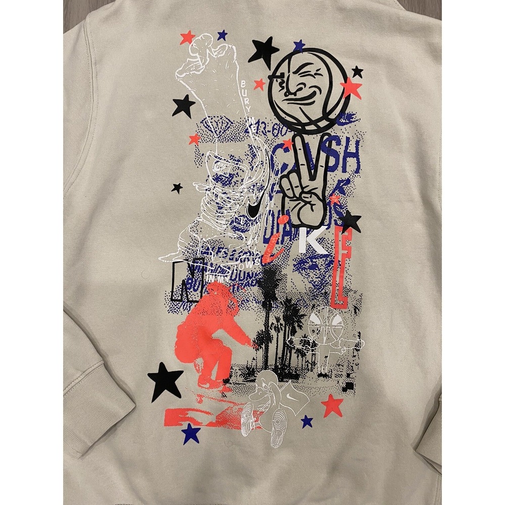 Nike Hoodie Medium Beige Pullover Jacket Skater Grafiti Colorful Pattern *Flaws*